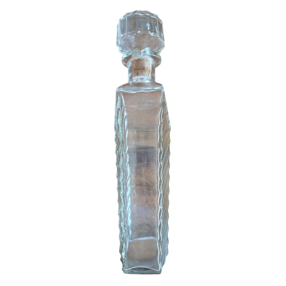 Vintage‎ Textured Chevron Glass Decanter with Faceted Cork Stopper Clear Barware